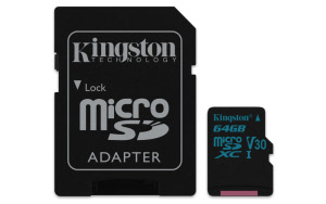 Kingston 64GB microSDHC Canvas Go 90R/45W U3 UHS-I V30 Card + SD Adapter