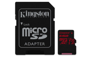 Kingston 64GB microSDHC Canvas React 100R/70W U3 UHS-I V30 A1 Card + SD Adptr